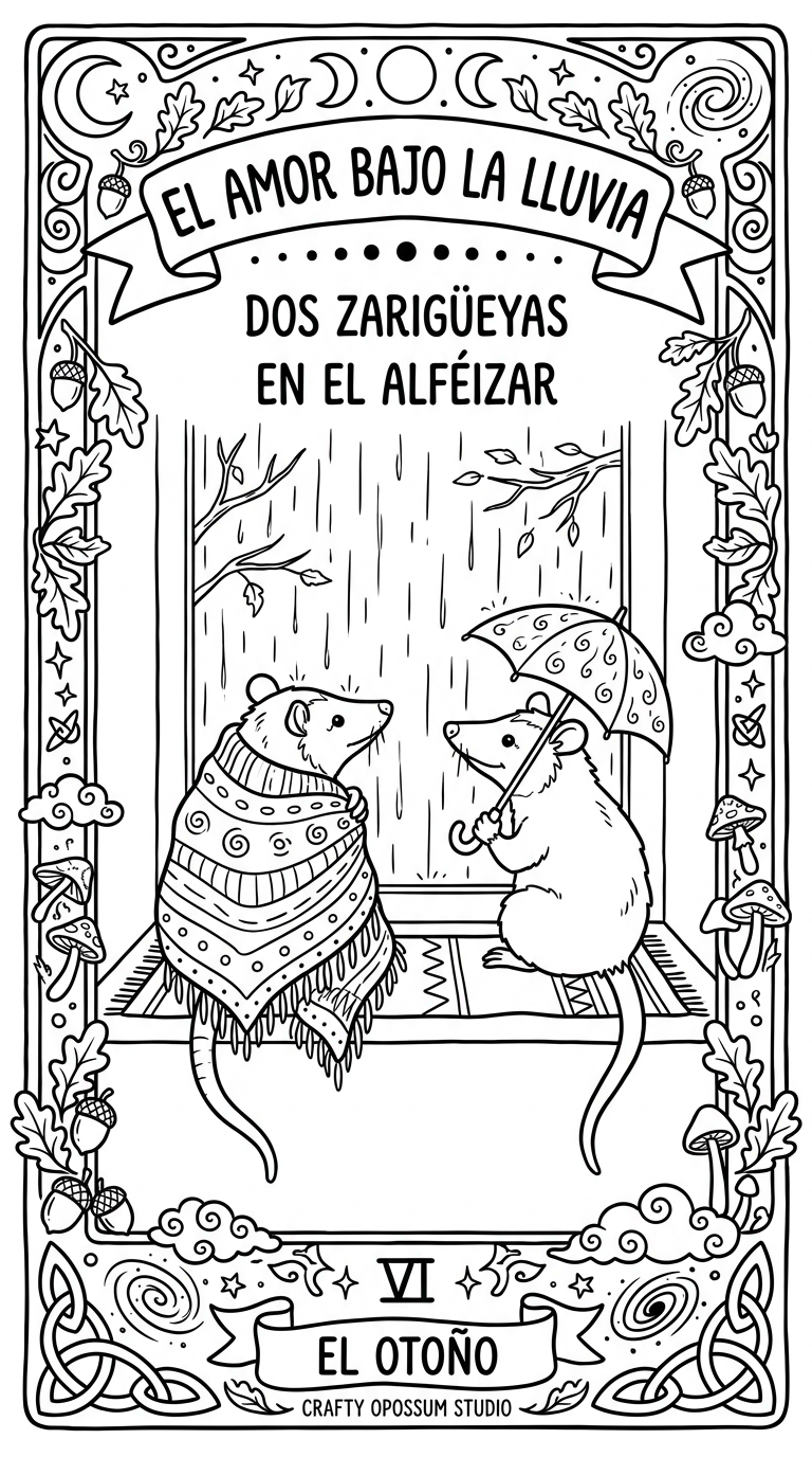 Coloring page: two opossums on a windowsill in the rain