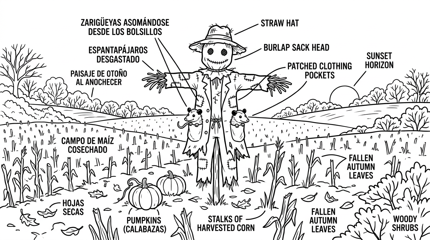 Coloring page: a labelled diagram of a scarecrow with opossums in its pockets
