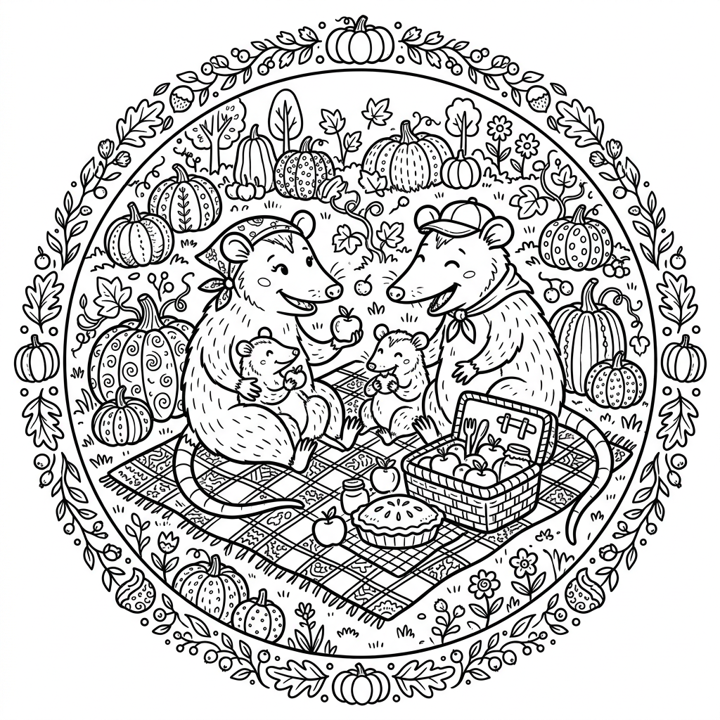 Coloring page: an opossum family picnic in a wreath of pumpkins