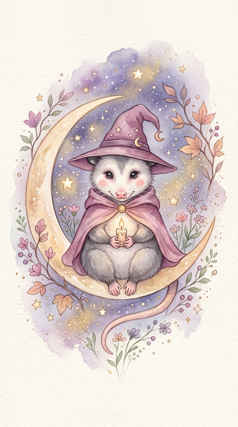 Luna, a little witch opossum sitting on a crescent moon holding a candle