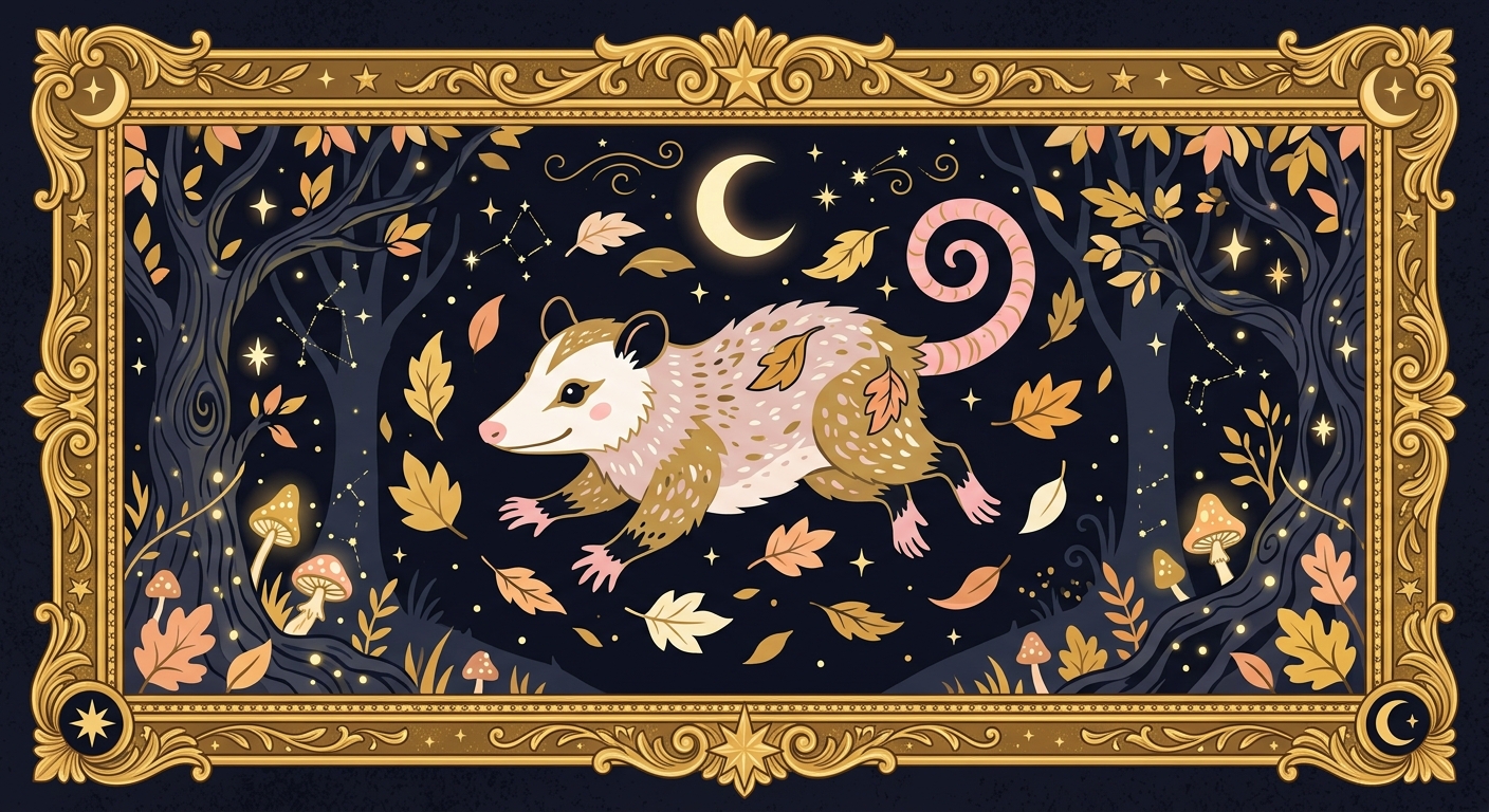 An opossum leaping through golden leaves under a crescent moon