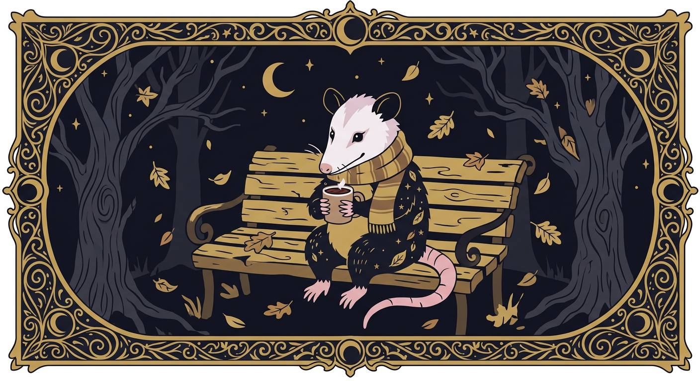 An opossum drinking hot chocolate wrapped in a scarf