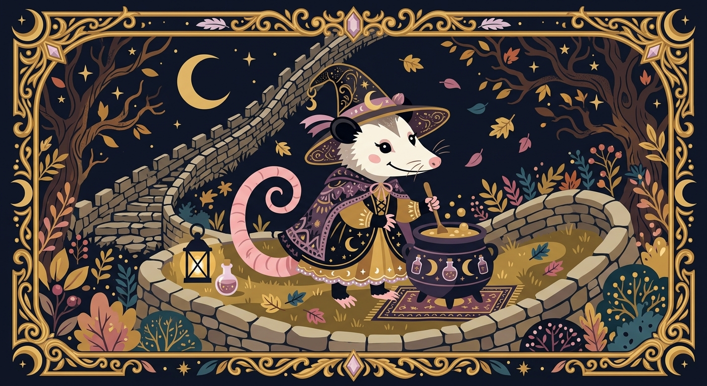 An opossum in a witch hat beside a cauldron