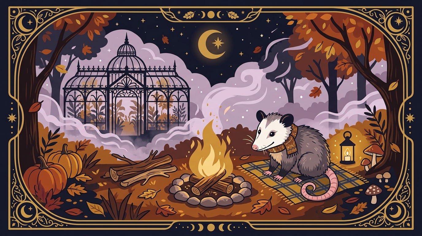 An opossum by a bonfire in a greenhouse