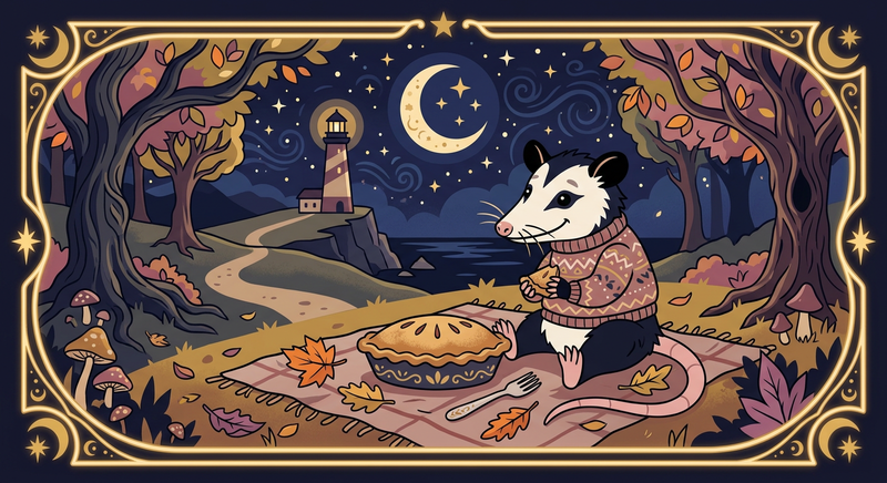 An opossum at a picnic under a starry sky