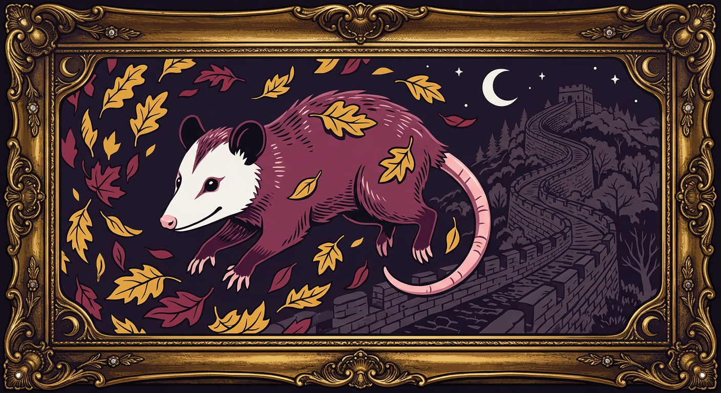 An opossum leaping among autumn leaves