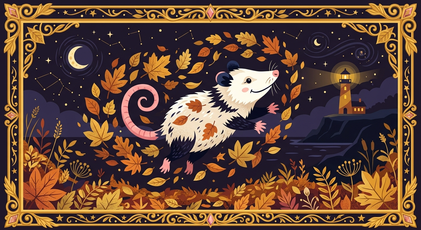 An opossum lighthouse keeper with a pumpkin lantern